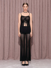 KHELA THE LABEL Women's Black Drape Low Waist See-Through Mesh Double Layer Wide Leg Sexy Elegant Party Pants